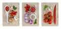 Set of cutting boards with tomatoes, onions, garlic, basil and s Royalty Free Stock Photo