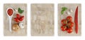 Set of cutting boards with tomatoes, onions, garlic, basil and s Royalty Free Stock Photo