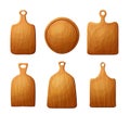 Set of cutting wooden board for chop, pizza and meat. Kitchen cartoon old shield. Vector plank for food isolated on Royalty Free Stock Photo