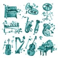 Set of cyan watercolor musical instruments.