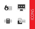 Set Cyber security, Firewall, wall, Security keypad access panel and Monitor with password icon. Vector