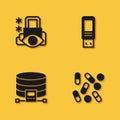 Set Cyber security, Medical pill biohacking, Cloud database and USB flash drive icon with long shadow. Vector