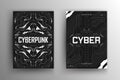 Set of cyberpunk futuristic posters. Cyberpunk design for web and print template. Collection of tech flyer with HUD