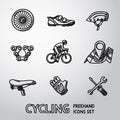 Set of Cycling freehand icons - wheel, shoe