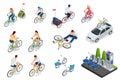 Set of cyclists, car with bike holder, bicycle parking. Isometric People on Bicycles. Family Cyclists. Collection of Royalty Free Stock Photo