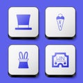 Set Cylinder hat, Ice cream waffle, Magician and rabbit ears and Casino win icon. White square button. Vector