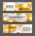 Set of 3D abstract banners with colorful golden spheres and disco ball spheres. Disco ball background. Disco party banners. Royalty Free Stock Photo