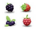 Set of 3D berries in cartoon style on white background. Blackberry, strawberry, blueberry, raspberry Royalty Free Stock Photo