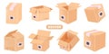 Set of 3D cardboard boxes icons with symbols isolated on white background. Cardboard shipping box with symbol of fragility, Royalty Free Stock Photo