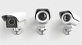 Set of 3D CCTV cameras isolated on white background. Modern illustration of video camera. Protect your home, office Royalty Free Stock Photo