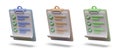 Set of 3D clipboards in inclined position. List with ticks in checkboxes