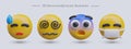 Set of 3D emoticons that are not feeling well. Cold sweat, dizziness, blue forehead, medical mask