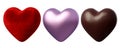 Set of 3D fabric hearts render collection isolated on white background. Red velvet, purple satin, brown leather Royalty Free Stock Photo