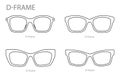 Set of D-frame frame glasses fashion accessory illustration. Sunglass front view for Men, women, unisex silhouette
