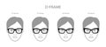 Set of D-frame frame glasses on women face character fashion accessory illustration. Sunglass front view silhouette