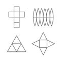 Set of 3D fugure shapes on a plane. Line drawing planar projections of a cube, sphere, prism and pyramid.