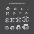 Set of 3d geometric primitive shapes for combination in construction. Vector illustration.