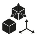 Set of 3D geometric shape icons. Cube and tetrahedron figures. Directional axis symbol. Vector illustration. EPS 10.