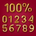 Set of 3d golden embossed numbers with percent sign on white background