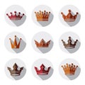 Set of 3d golden royal crowns isolated. Majestic classic symbols Royalty Free Stock Photo