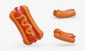 Set of 3D hot dogs with mustard. Long bun with sausage and sauce. Street, fast food Royalty Free Stock Photo