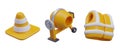 Set of 3D icons for construction business. Yellow signal cone, concrete mixer, builder vest