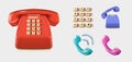 set of 3d icons of the phone, handset of different colors. Retro style red color telephone with wire connection isolated Royalty Free Stock Photo