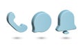 A set of 3d icons, a telephone receiver, a cloud and a bell in pale blue. Icons for the Internet, for site design. Royalty Free Stock Photo