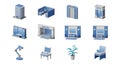 Isometric office interior icons featuring furniture workstation elevator and reception area elements Royalty Free Stock Photo