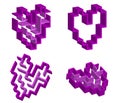 Set of 3d isometric hearts. Four pink parallelepiped symbols of love. 3 of them with a simple labyrinth inside