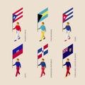 Set of 3d isometric people with flags of Caribbean countries