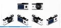 Set 3D isometric photo cameras isolated on the light background. Cameras with a lens and a display with a grid. Flat Royalty Free Stock Photo