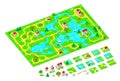 Set of 3d isometric tileset for creating video game with town and streets. Tiles with parts of roads and buildings for making