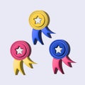 Set of 3d medals, round emplem with star and ribbon, isolated