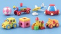 A set of 3d modern icons featuring trains, planes, castles, balls, cubes, and a bear. Royalty Free Stock Photo