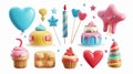 This set of 3d modern realistic objects features toys balloons, a heart, stars, cupcakes, cakes, and gift boxes for a