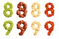 Set of 3d numbers made of fruits, apple, banana, kiwi, strawberry, eight and nine Royalty Free Stock Photo