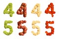 Set of 3d numbers made of fruits, apple, banana, kiwi, strawberry, four and five Royalty Free Stock Photo