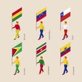 Set of 3d people with flags of South America countries