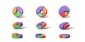 Set of 3D pie charts. Round diagram render in cartoon realistic style. Data presentation for infographics and business statistics