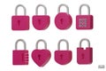 Set Of 3D Pink Padlock Icons Isolated On White Background. Minimal Lock Icon.