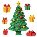 Set of 3d plasticine Christmas tree and gifts. Funny decoration for new year, christmas. Plasticine sculpture