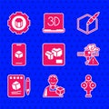 Set 3D printer, Graphic designer, scanner, warning, Sketch on paper, software, 3d pen tool and setting icon. Vector