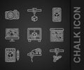 Set 3D printer, gun, setting, Sketch on paper, software, and Photo camera icon. Vector