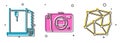 Set 3D printer, Mirrorless camera and Neural network icon. Vector