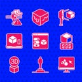 Set 3D printer, model, software, services, Isometric cube, scanner with and warning icon. Vector Royalty Free Stock Photo