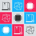 Set 3D printer, Neural network and Processor with microcircuits CPU icon. Vector