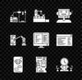 Set 3D printer, Robot, Bot, Electronic computer components motherboard digital chip, and time manager, Industrial