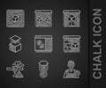 Set 3D printer software, Graphic designer, warning, Layers, and Geometric figure Cube icon. Vector