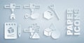 Set 3D printer warning, Isometric cube, Sketch on paper, Basic geometric shapes, chicken leg and house icon. Vector
